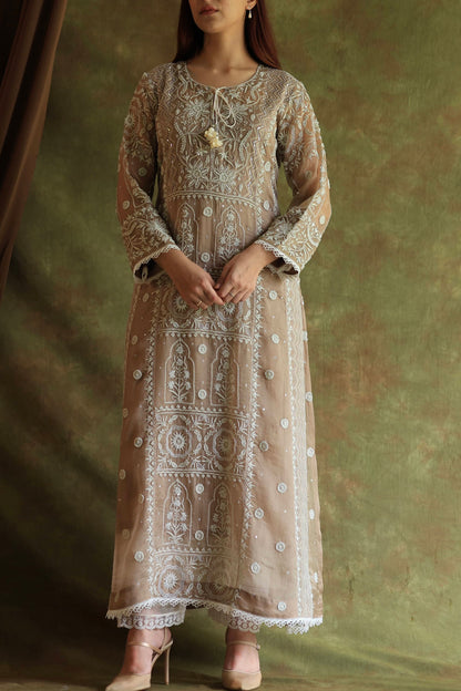 French Beige Shade Noor Organza Chikankari Anarkali With Dupatta