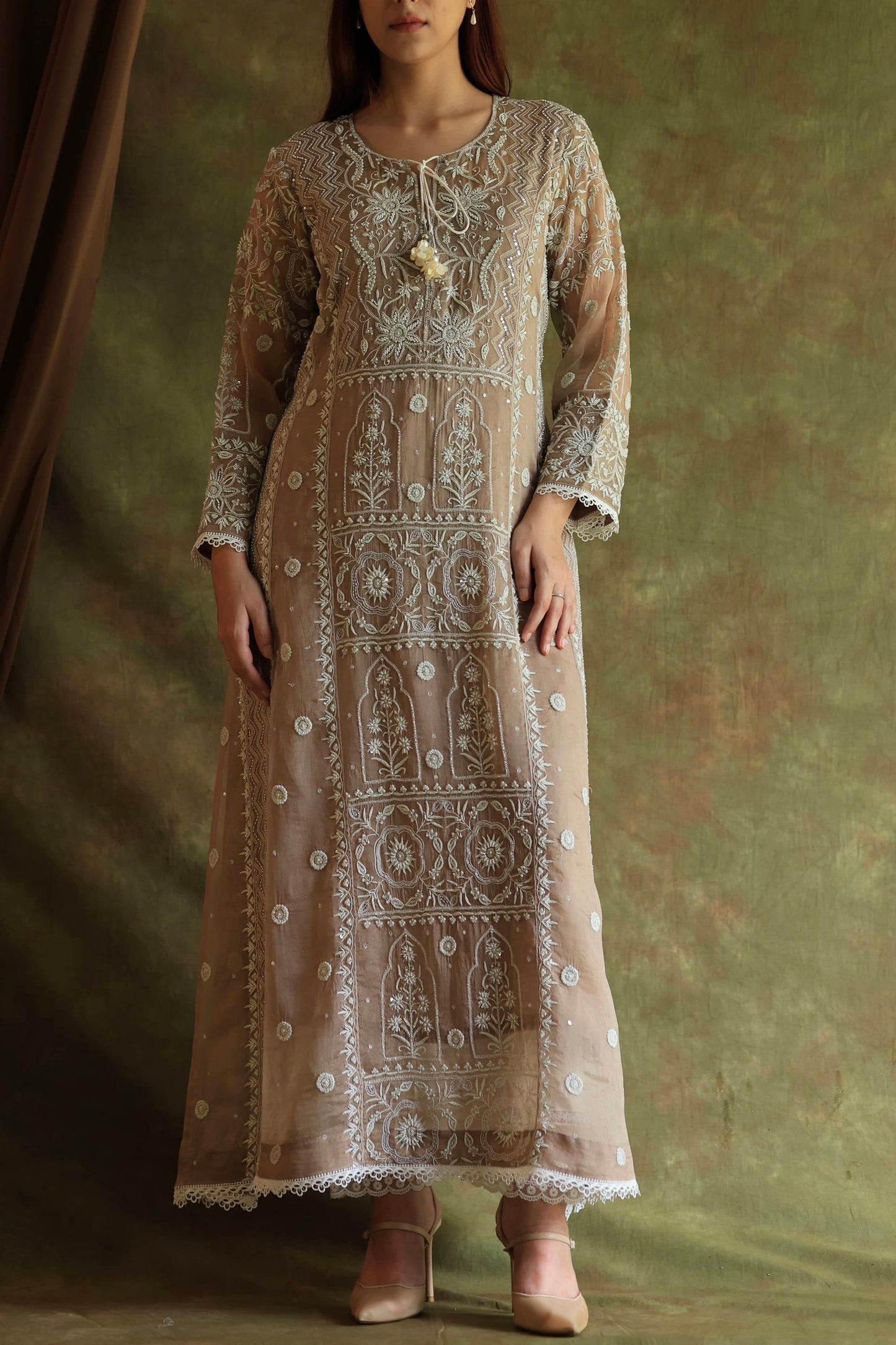 French Beige Shade Noor Organza Chikankari Anarkali With Dupatta