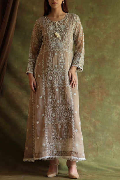 French Beige Shade Noor Organza Chikankari Anarkali With Dupatta
