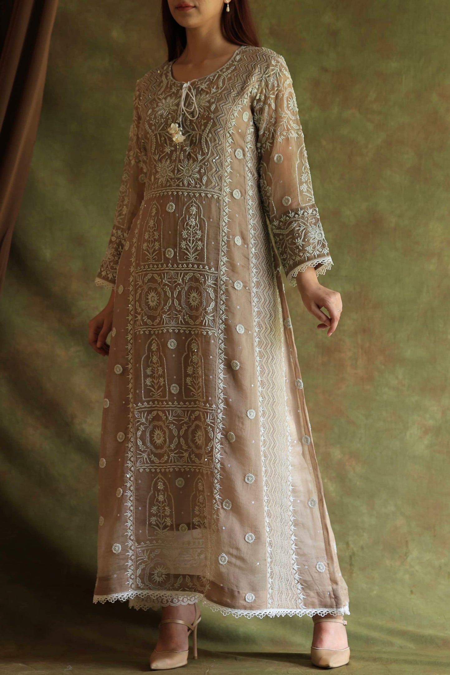 French Beige Shade Noor Organza Chikankari Anarkali With Dupatta