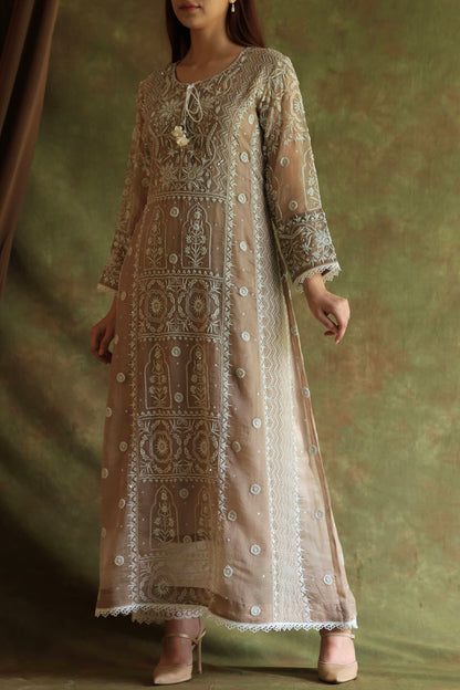 French Beige Shade Noor Organza Chikankari Anarkali With Dupatta