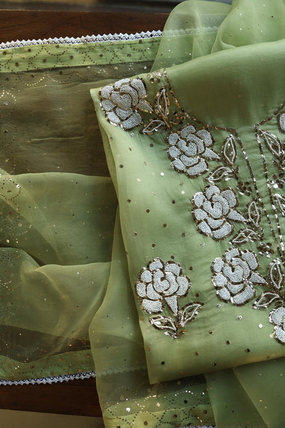 Frog Green Shade Noor Organza Silk Mukaish Pearl Chikankari Unstitched Fabric