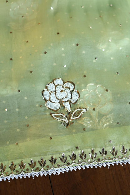 Frog Green Shade Noor Organza Silk Mukaish Pearl Chikankari Unstitched Fabric