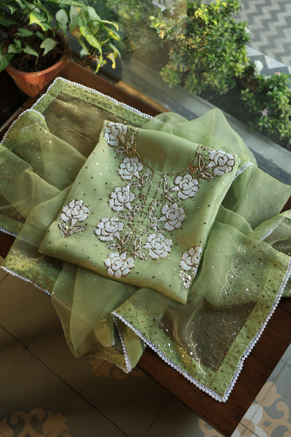 Frog Green Shade Noor Organza Silk Mukaish Pearl Chikankari Unstitched Fabric