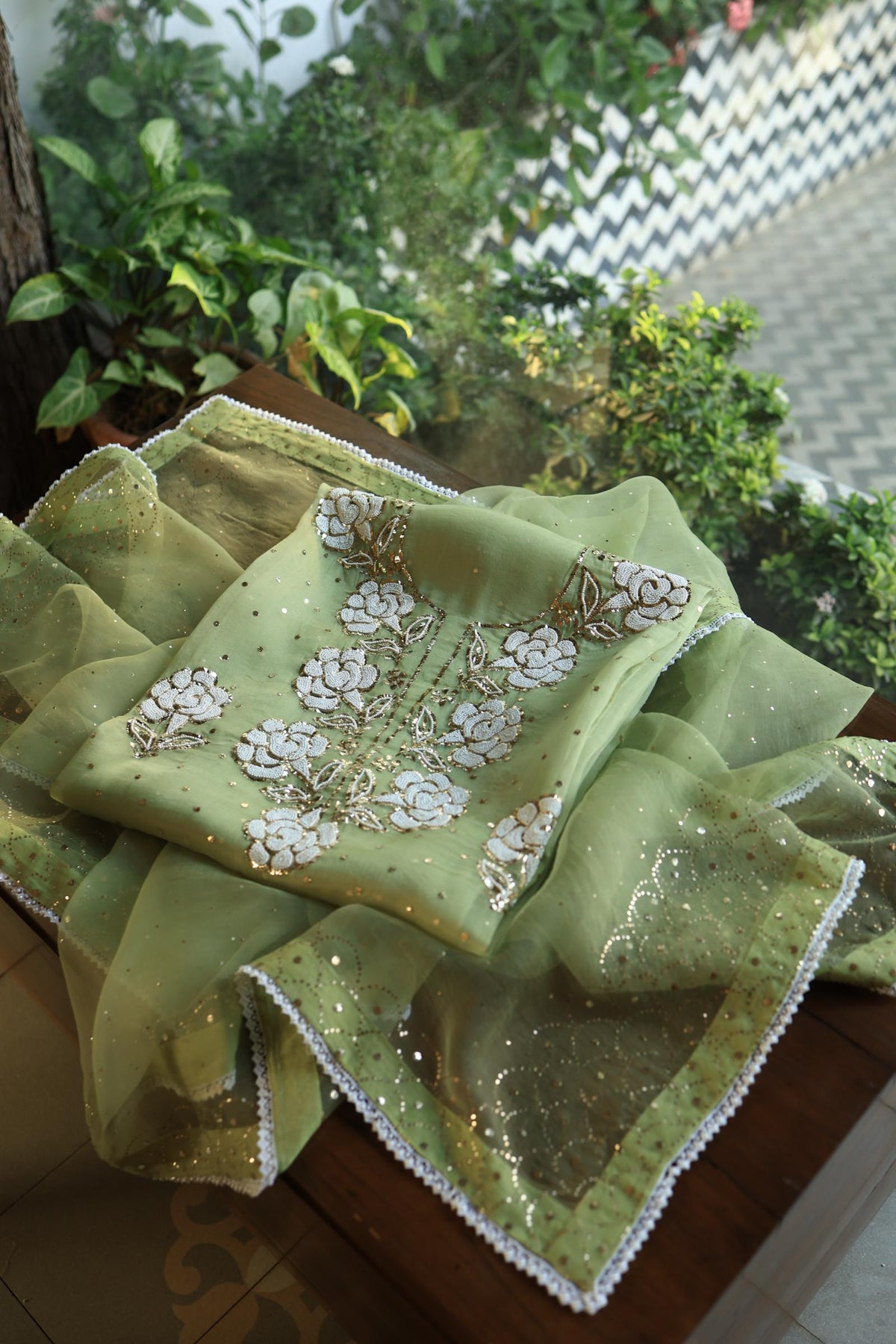 Frog Green Shade Noor Organza Silk Mukaish Pearl Chikankari Unstitched Fabric