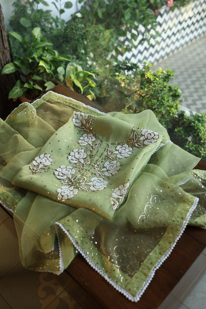 Frog Green Shade Noor Organza Silk Mukaish Pearl Chikankari Unstitched Fabric
