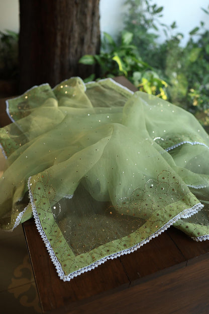 Frog Green Shade Noor Organza Silk Mukaish Pearl Chikankari Unstitched Fabric