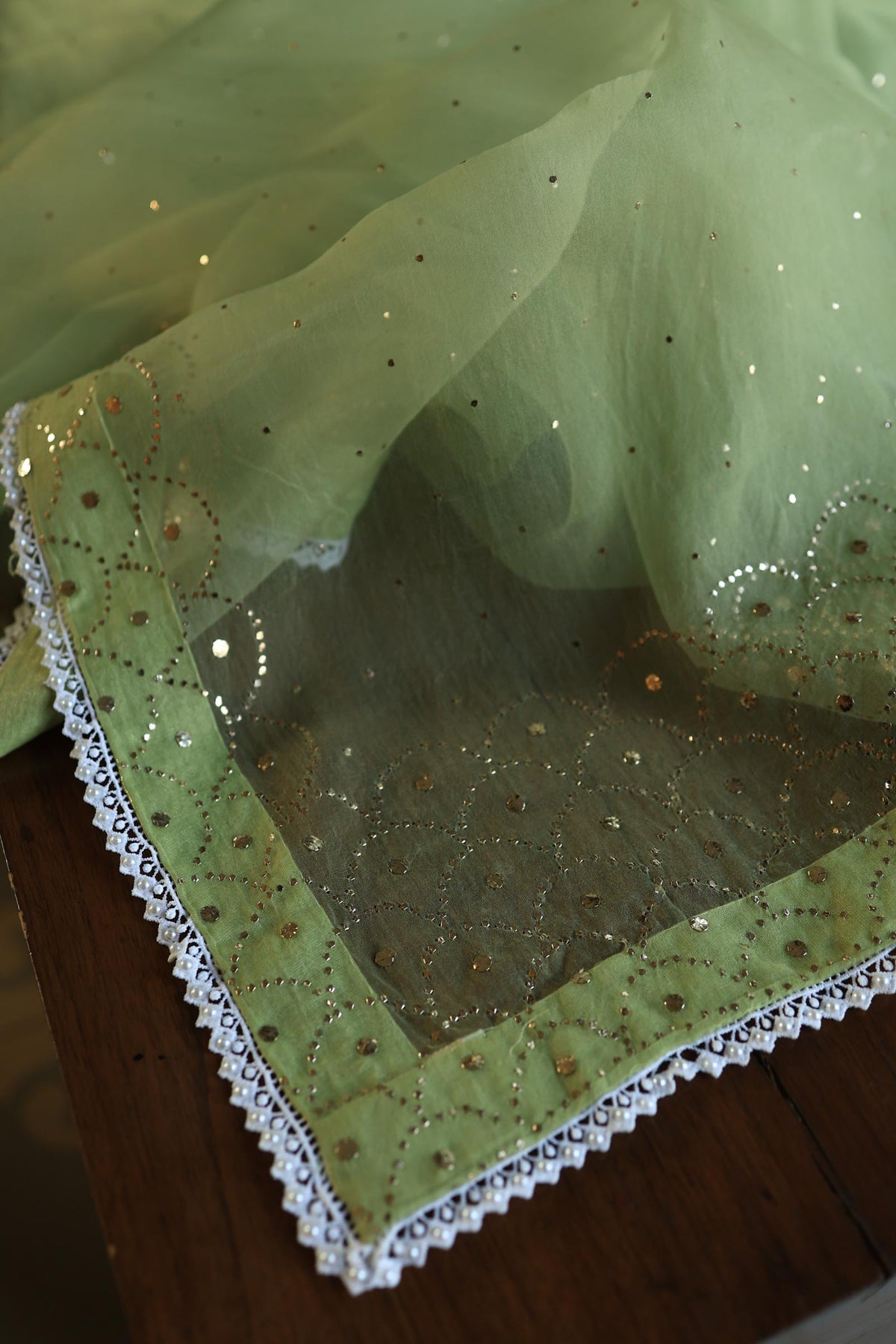Frog Green Shade Noor Organza Silk Mukaish Pearl Chikankari Unstitched Fabric
