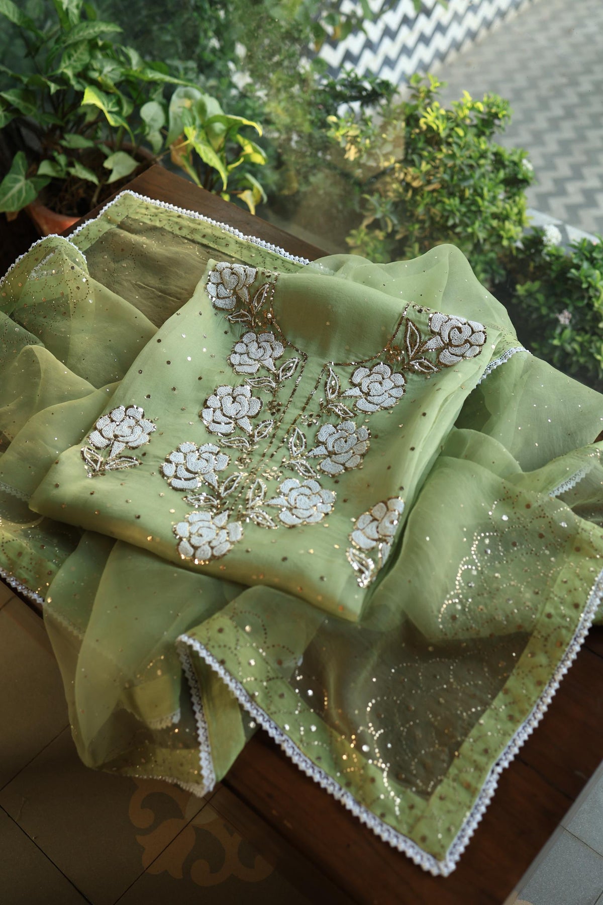 Frog Green Shade Noor Organza Silk Mukaish Pearl Chikankari Unstitched Fabric