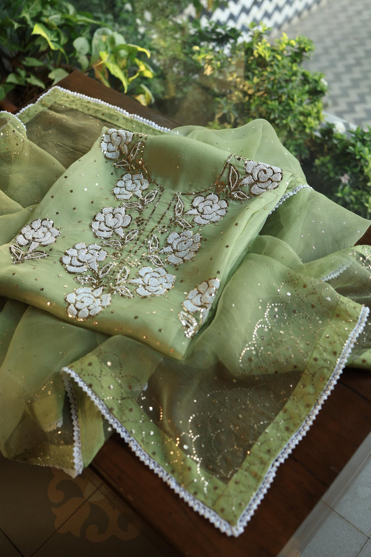 Frog Green Shade Noor Organza Silk Mukaish Pearl Chikankari Unstitched Fabric