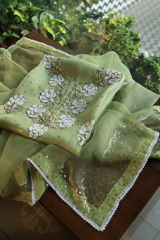 Frog Green Shade Noor Organza Silk Mukaish Pearl Chikankari Unstitched Fabric