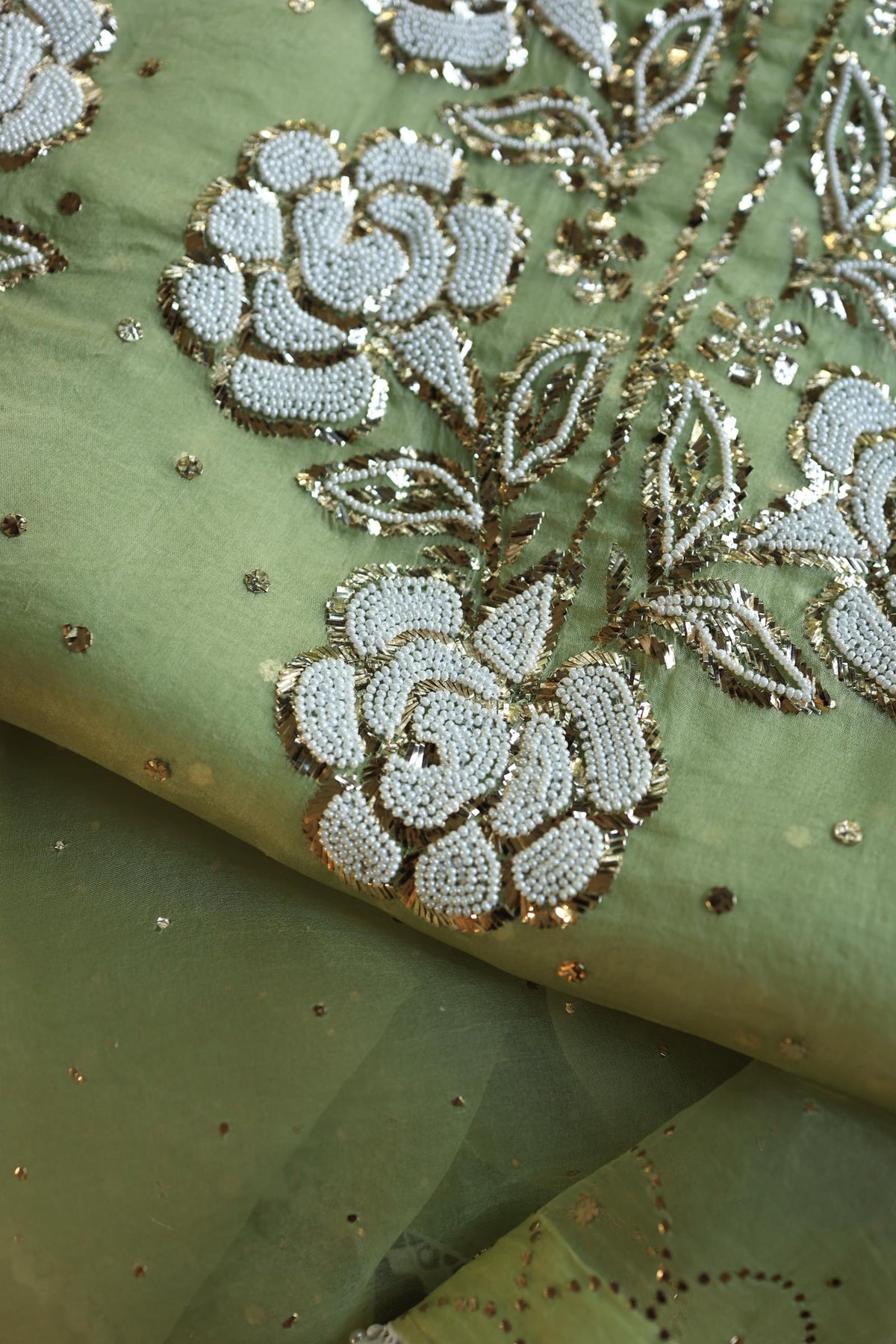 Frog Green Shade Noor Organza Silk Mukaish Pearl Chikankari Unstitched Fabric