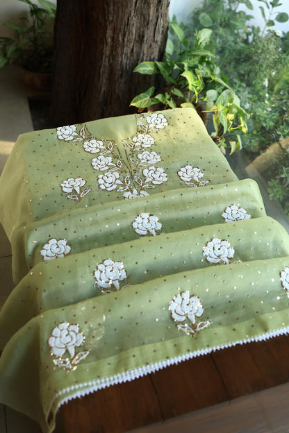 Frog Green Shade Noor Organza Silk Mukaish Pearl Chikankari Unstitched Fabric
