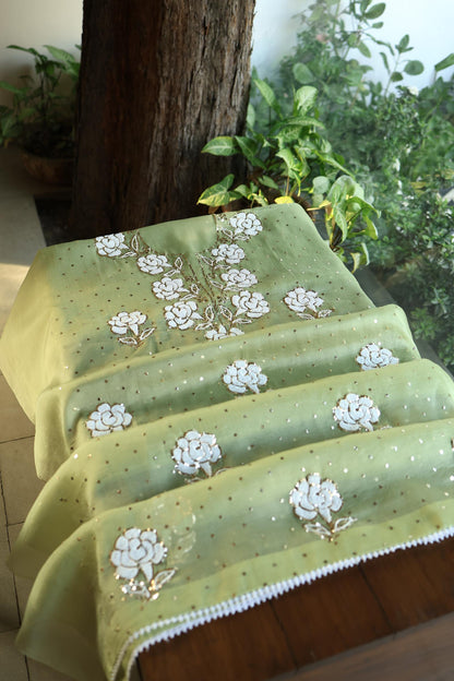 Frog Green Shade Noor Organza Silk Mukaish Pearl Chikankari Unstitched Fabric