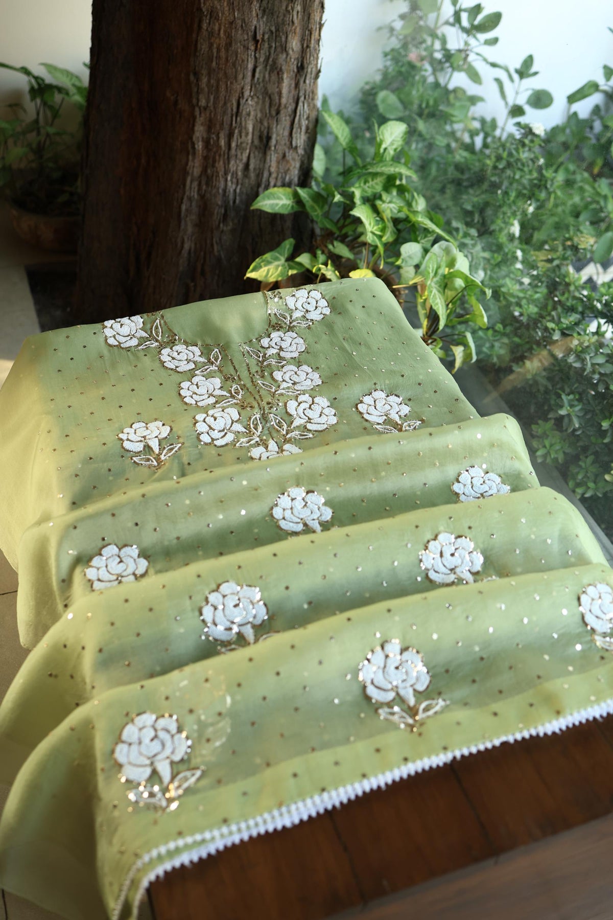 Frog Green Shade Noor Organza Silk Mukaish Pearl Chikankari Unstitched Fabric