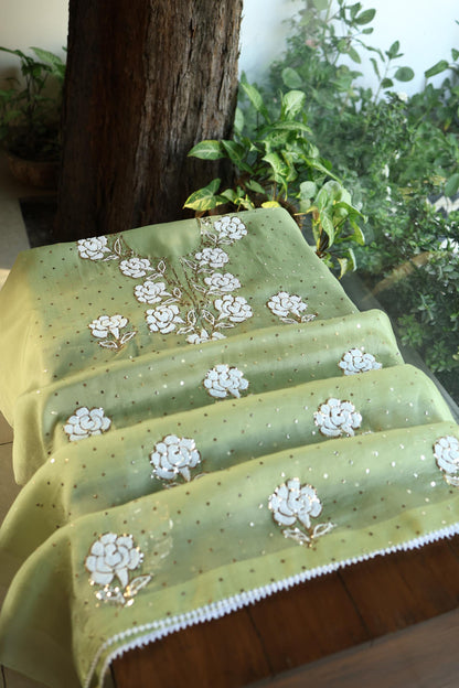 Frog Green Shade Noor Organza Silk Mukaish Pearl Chikankari Unstitched Fabric