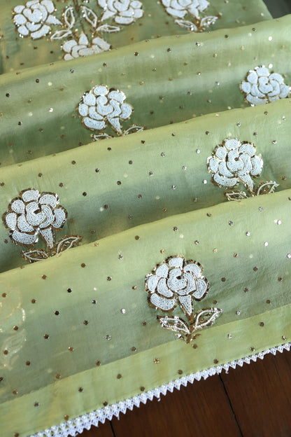 Frog Green Shade Noor Organza Silk Mukaish Pearl Chikankari Unstitched Fabric