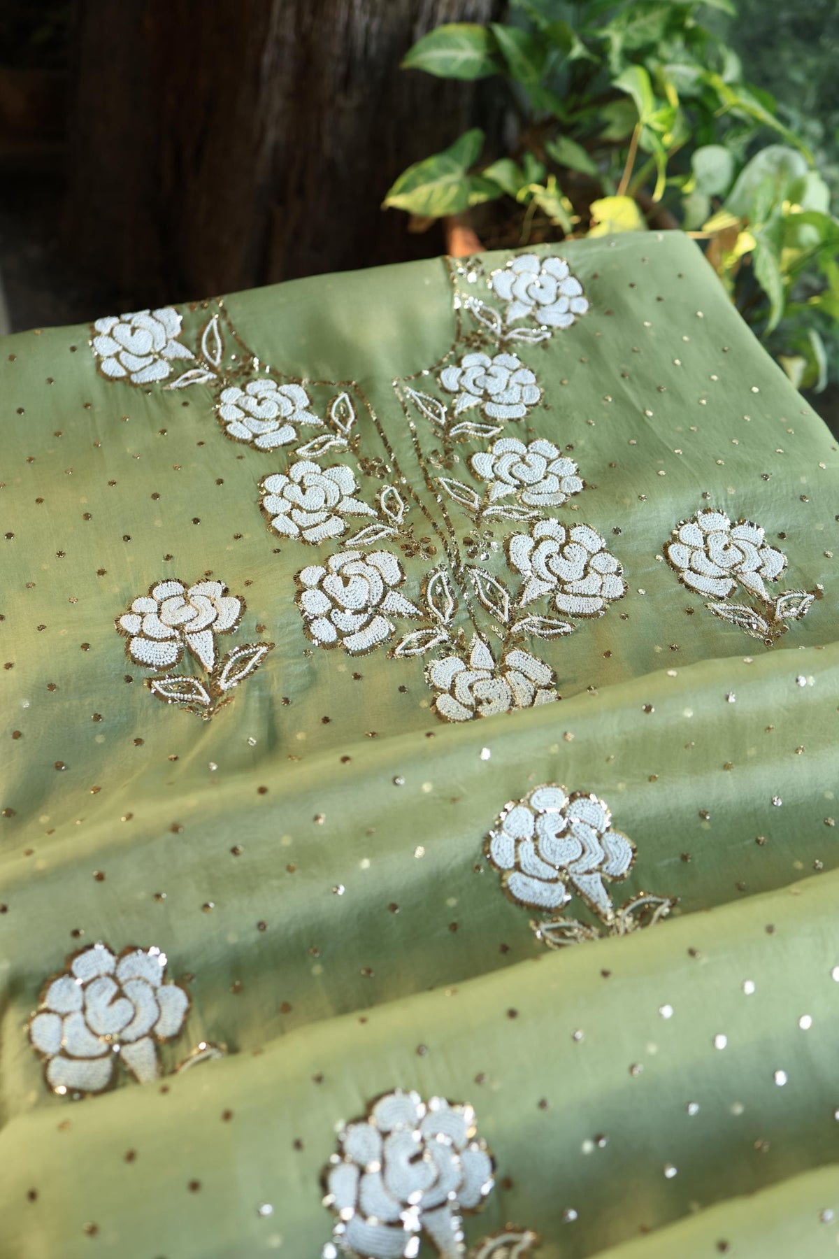 Frog Green Shade Noor Organza Silk Mukaish Pearl Chikankari Unstitched Fabric