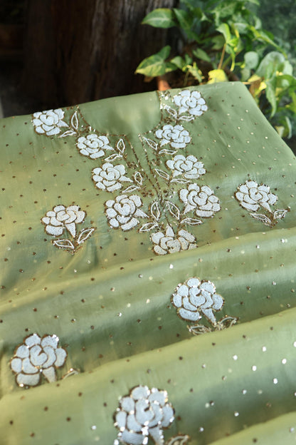 Frog Green Shade Noor Organza Silk Mukaish Pearl Chikankari Unstitched Fabric