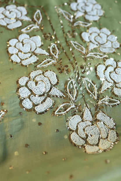 Frog Green Shade Noor Organza Silk Mukaish Pearl Chikankari Unstitched Fabric