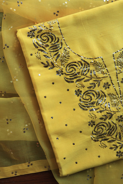Gold Yellow Chanderi Silk Mukaish Badla Unstitched Fabric