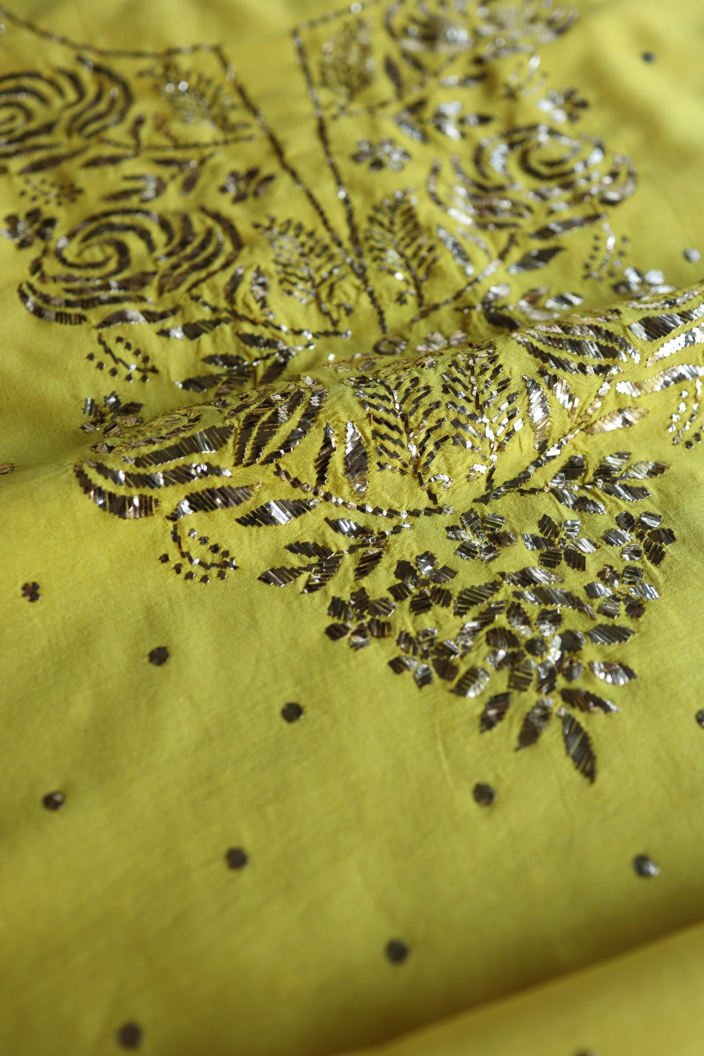 Gold Yellow Chanderi Silk Mukaish Badla Unstitched Fabric