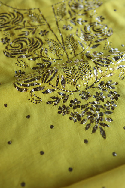 Gold Yellow Chanderi Silk Mukaish Badla Unstitched Fabric
