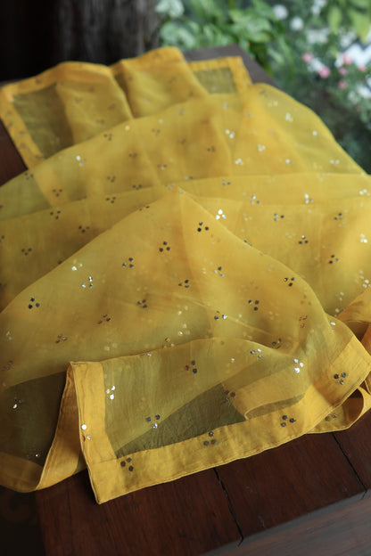 Gold Yellow Chanderi Silk Mukaish Badla Unstitched Fabric