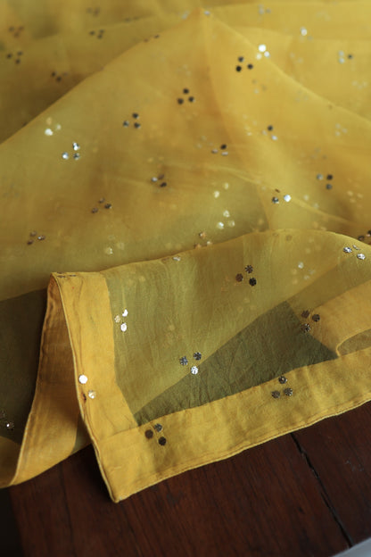 Gold Yellow Chanderi Silk Mukaish Badla Unstitched Fabric