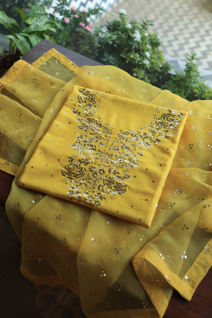 Gold Yellow Chanderi Silk Mukaish Badla Unstitched Fabric