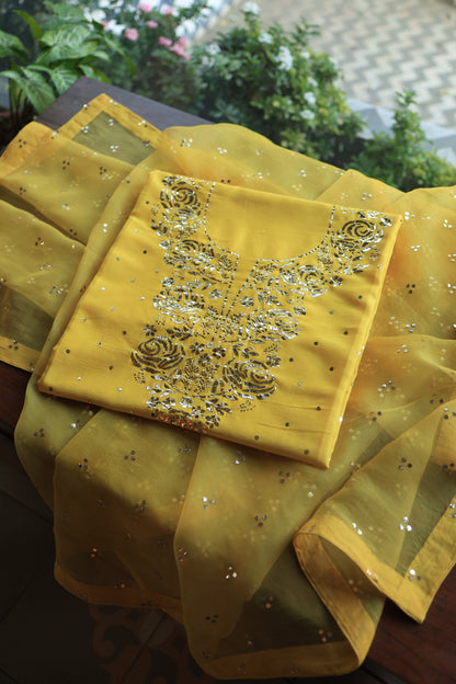 Gold Yellow Chanderi Silk Mukaish Badla Unstitched Fabric