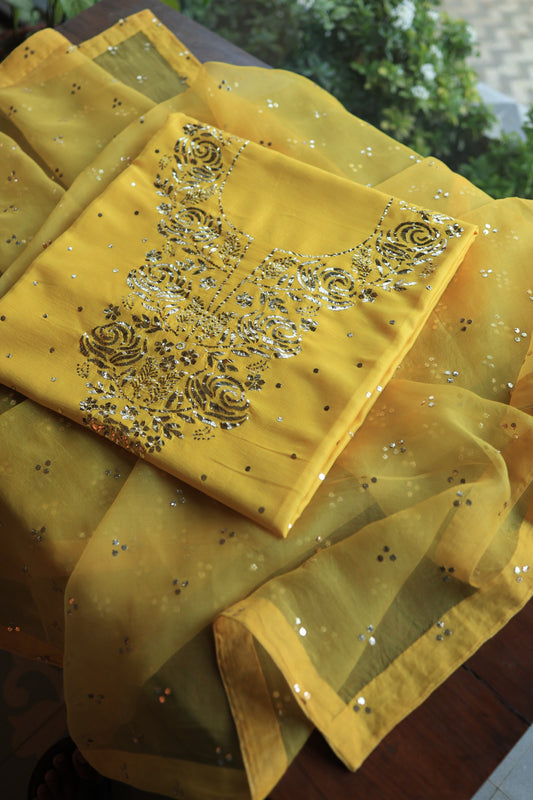 Gold Yellow Chanderi Silk Mukaish Badla Unstitched Fabric