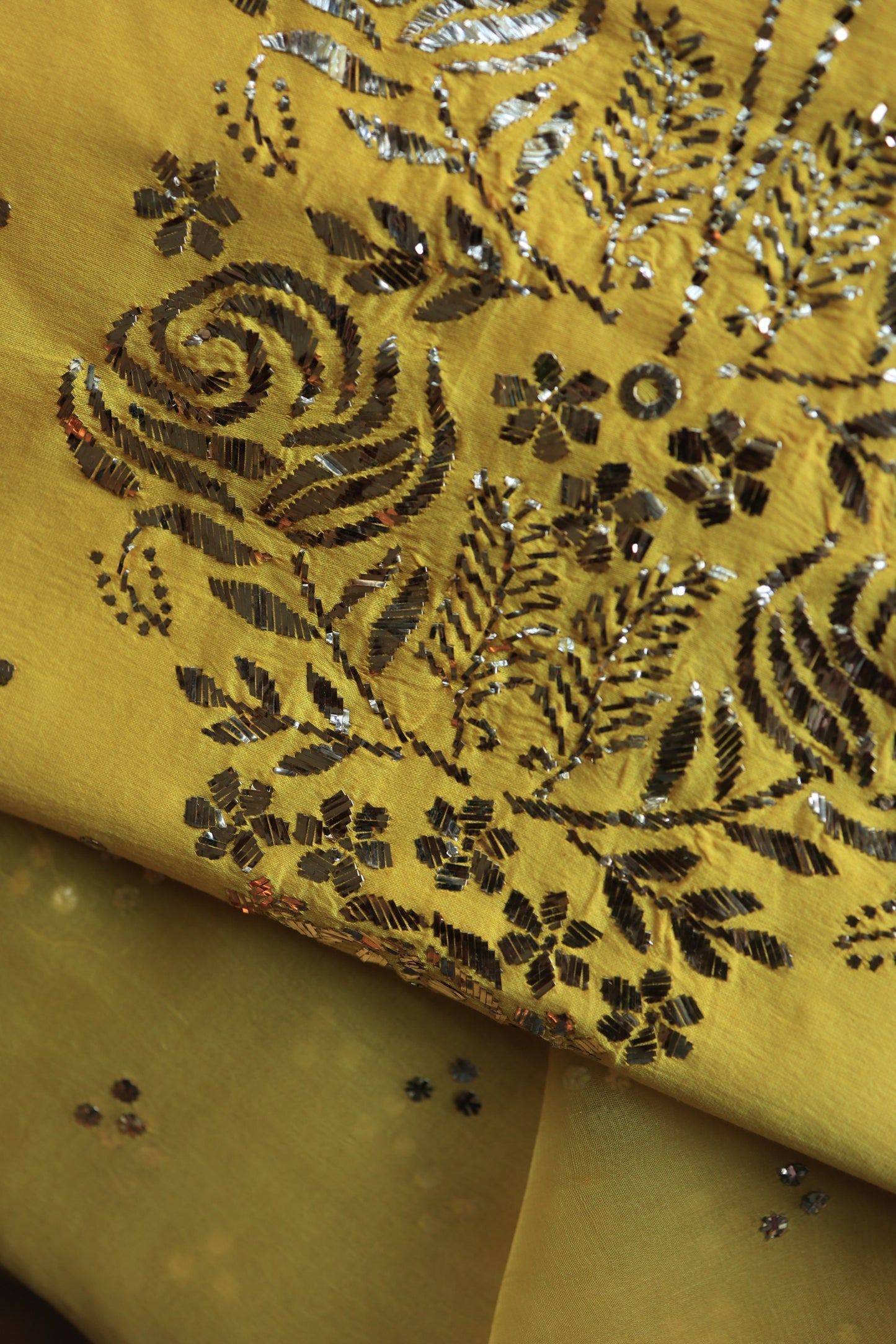 Gold Yellow Chanderi Silk Mukaish Badla Unstitched Fabric