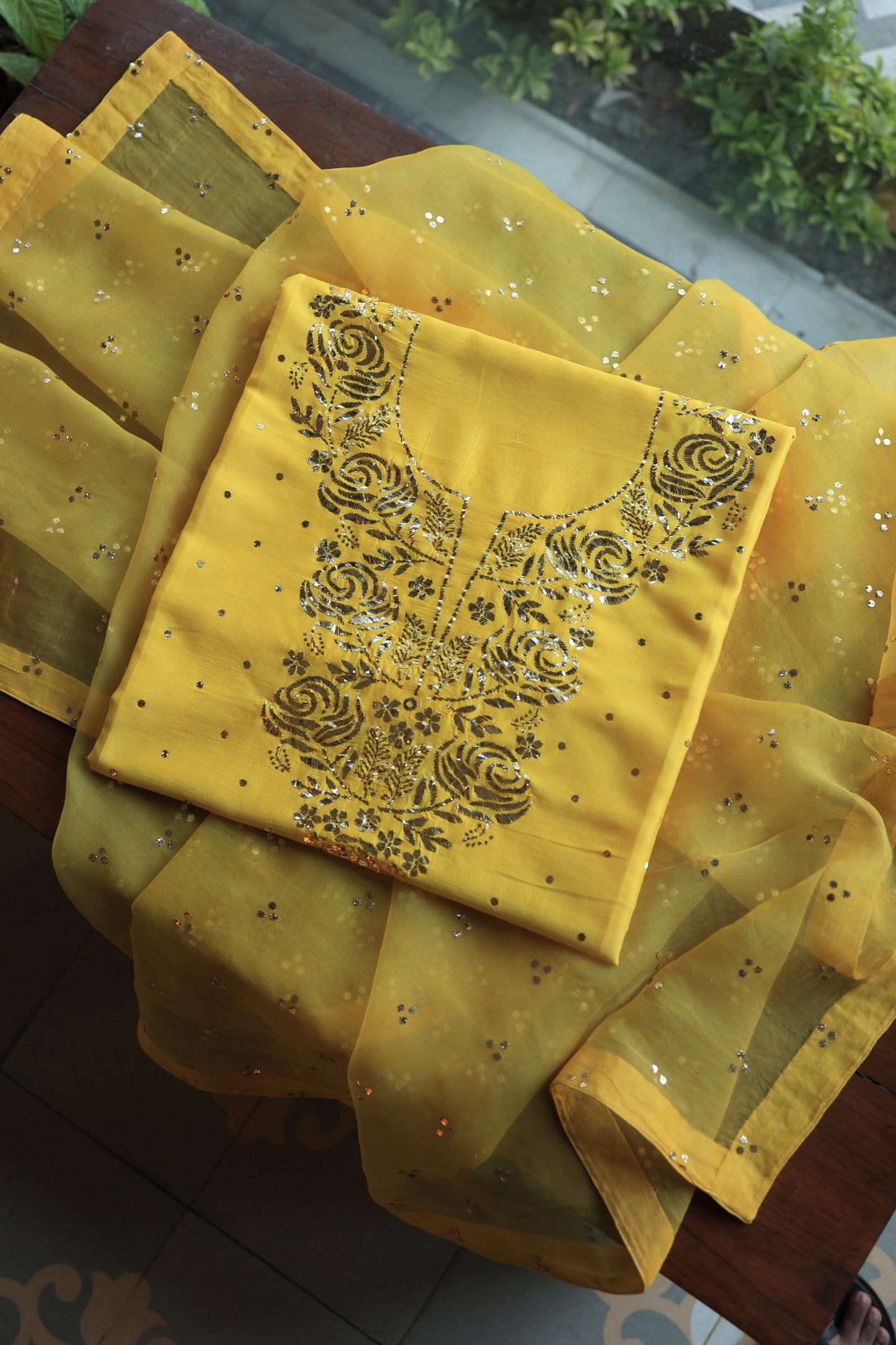 Gold Yellow Chanderi Silk Mukaish Badla Unstitched Fabric