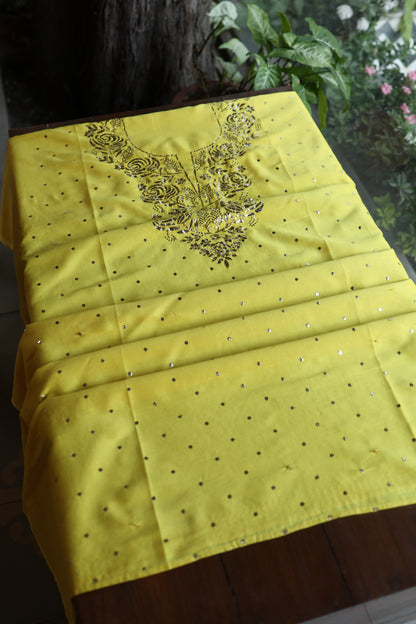 Gold Yellow Chanderi Silk Mukaish Badla Unstitched Fabric
