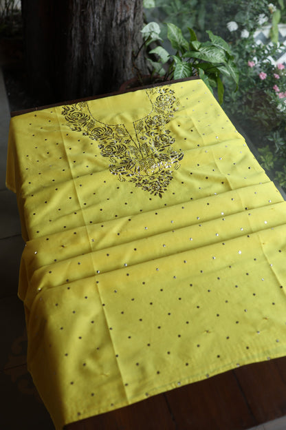 Gold Yellow Chanderi Silk Mukaish Badla Unstitched Fabric