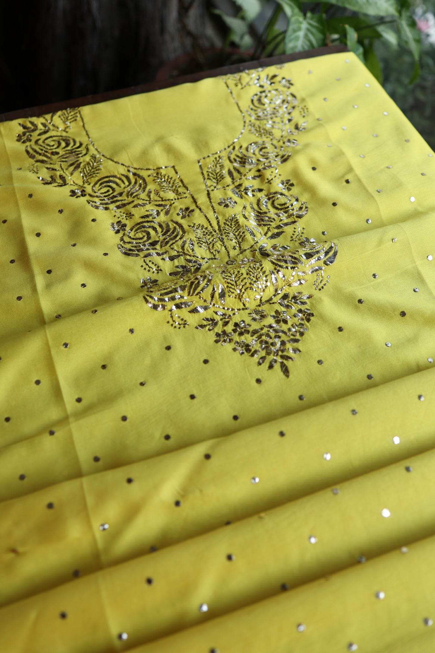 Gold Yellow Chanderi Silk Mukaish Badla Unstitched Fabric