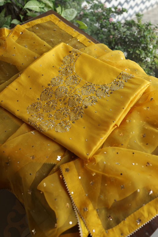 Gold Yellow Chanderi Silk Mukaish Badla Unstitched Fabric