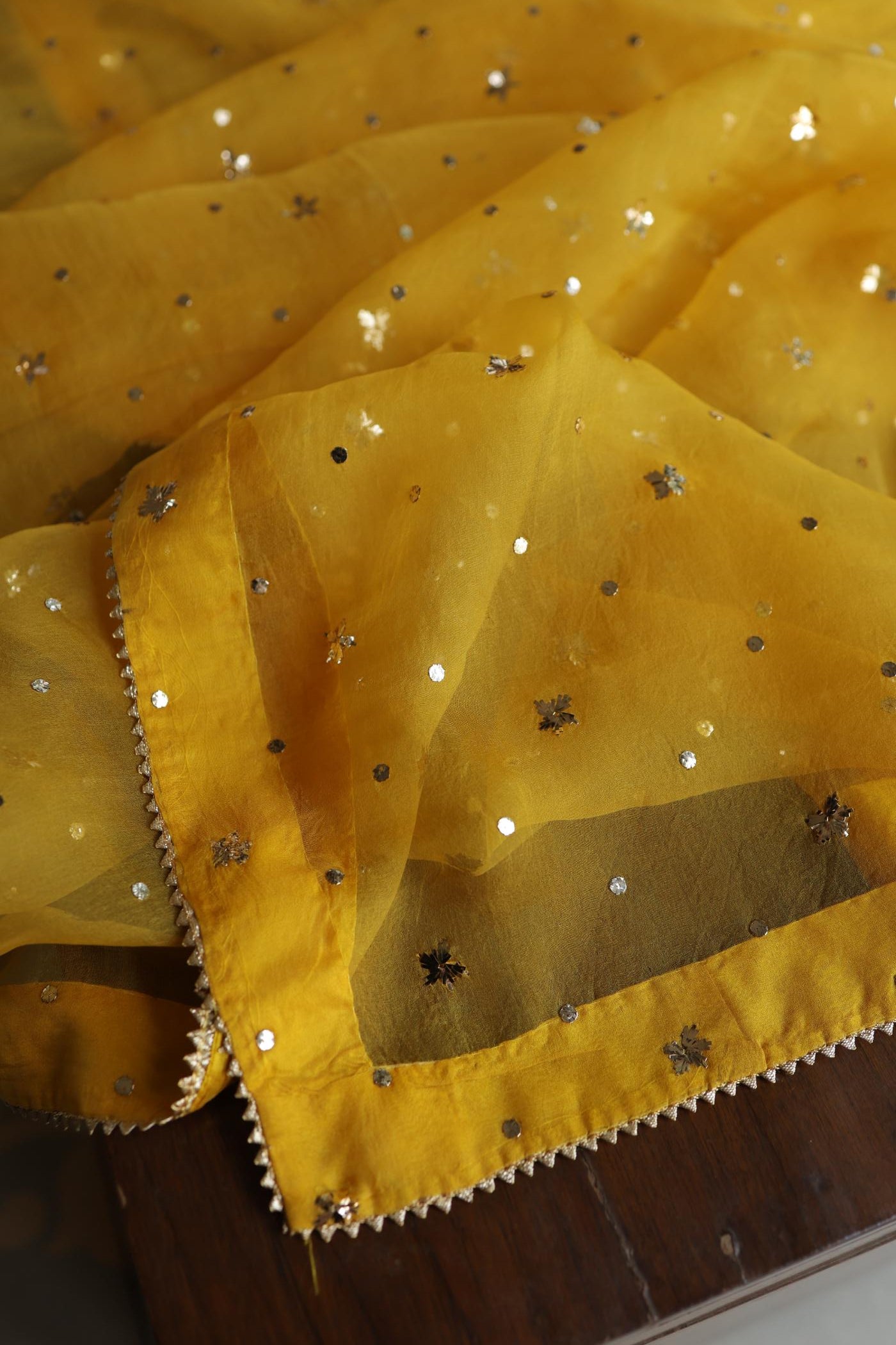 Gold Yellow Chanderi Silk Mukaish Badla Unstitched Fabric