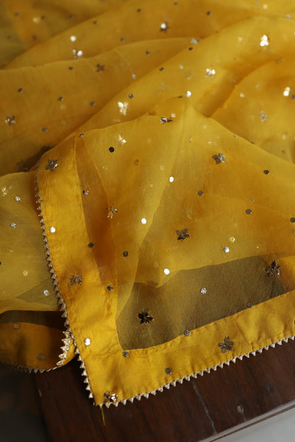 Gold Yellow Chanderi Silk Mukaish Badla Unstitched Fabric