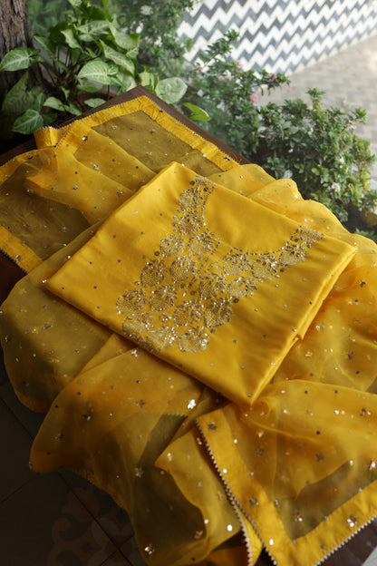Gold Yellow Chanderi Silk Mukaish Badla Unstitched Fabric