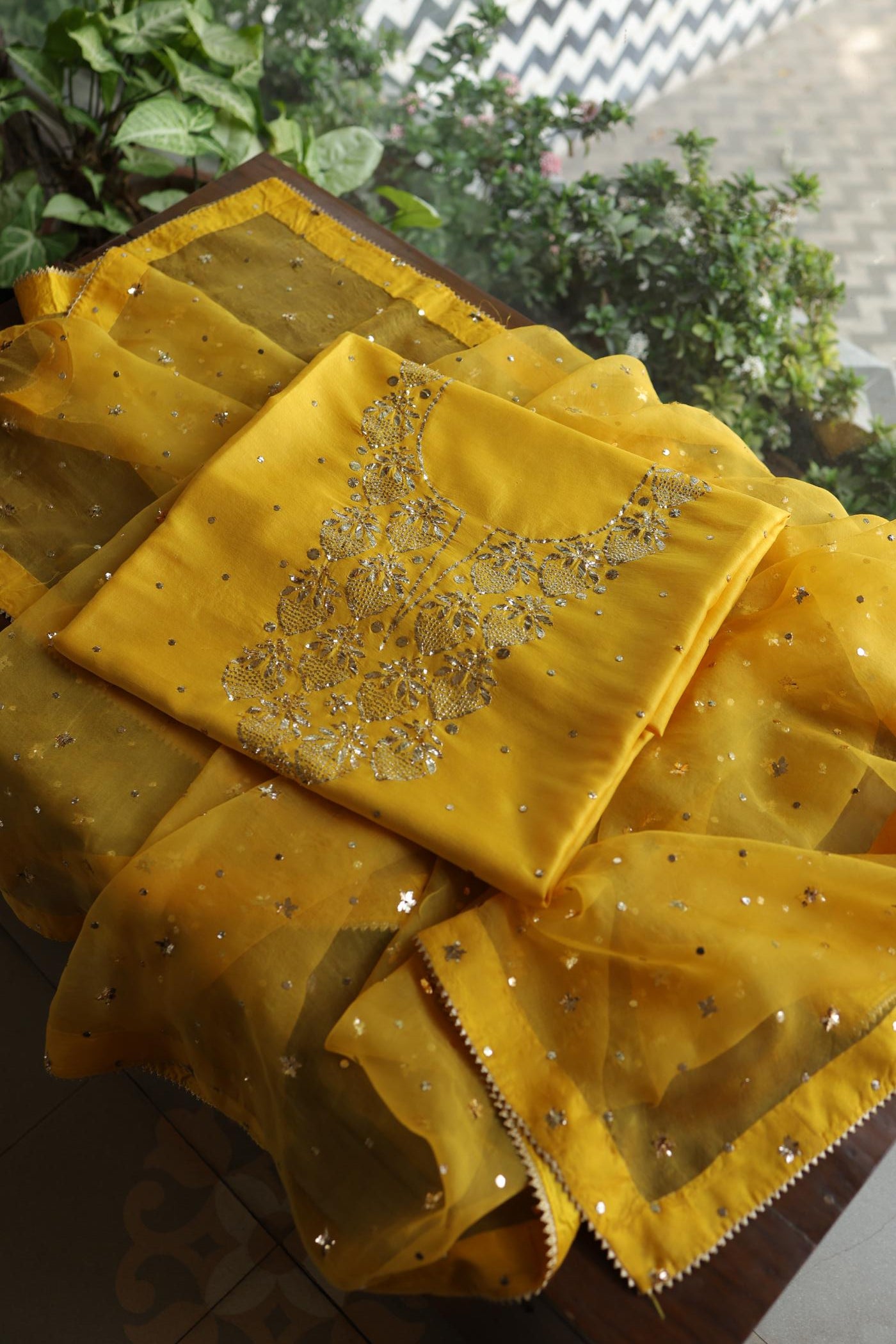 Gold Yellow Chanderi Silk Mukaish Badla Unstitched Fabric