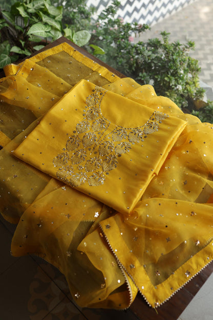 Gold Yellow Chanderi Silk Mukaish Badla Unstitched Fabric