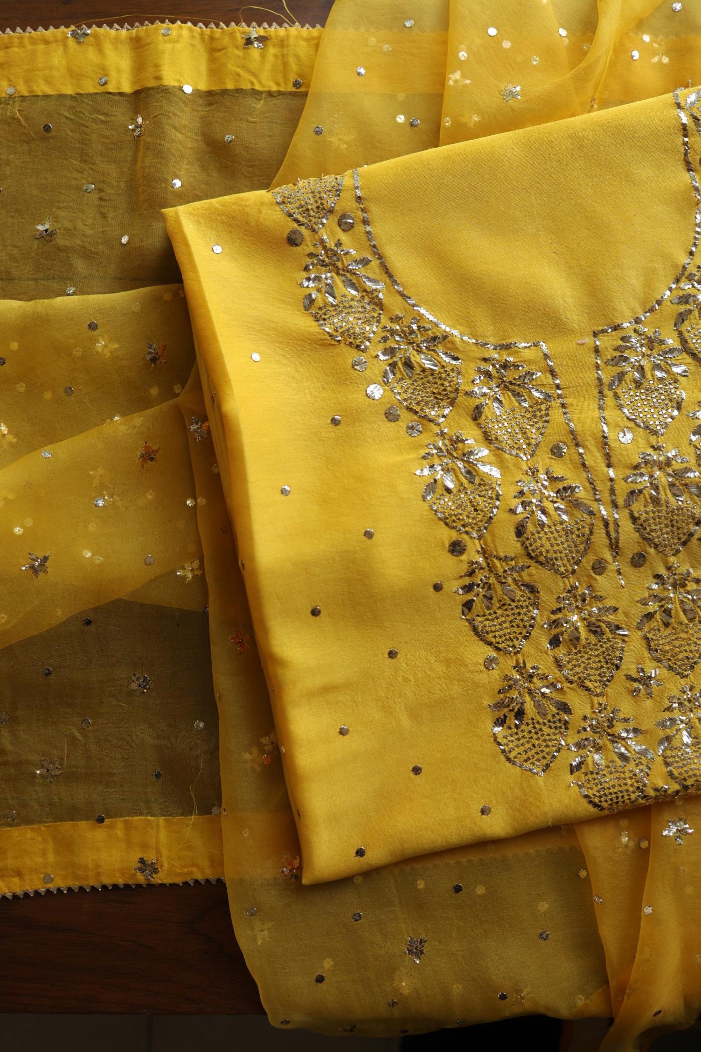 Gold Yellow Chanderi Silk Mukaish Badla Unstitched Fabric