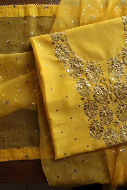 Gold Yellow Chanderi Silk Mukaish Badla Unstitched Fabric