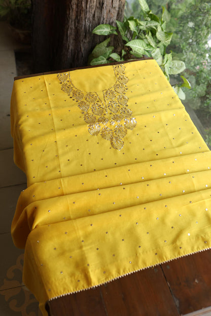 Gold Yellow Chanderi Silk Mukaish Badla Unstitched Fabric
