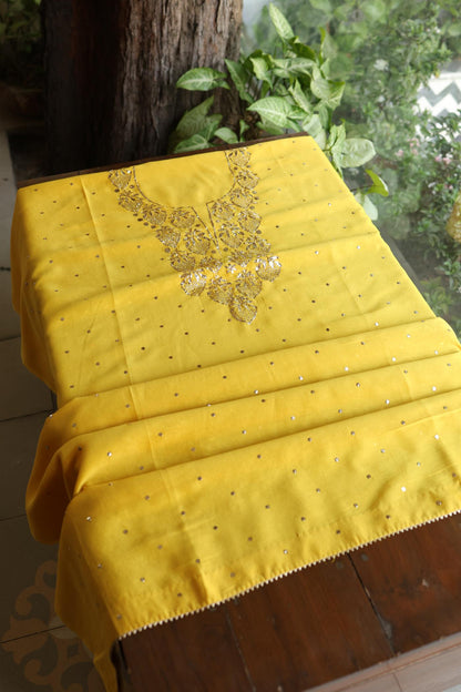 Gold Yellow Chanderi Silk Mukaish Badla Unstitched Fabric