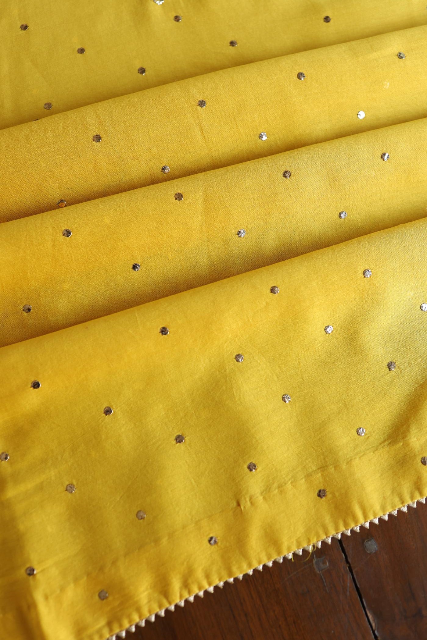 Gold Yellow Chanderi Silk Mukaish Badla Unstitched Fabric