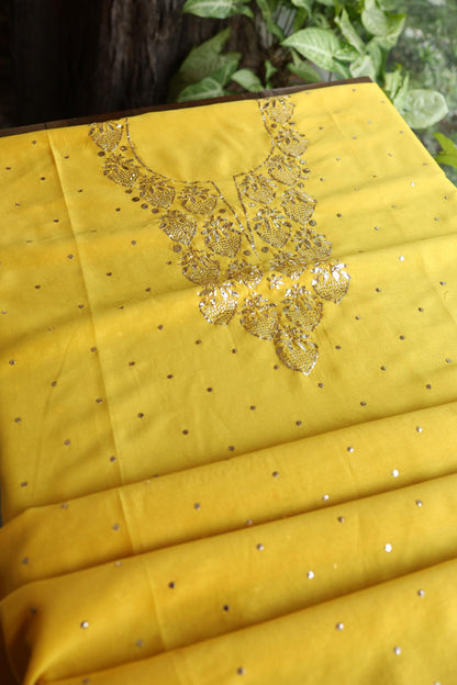 Gold Yellow Chanderi Silk Mukaish Badla Unstitched Fabric