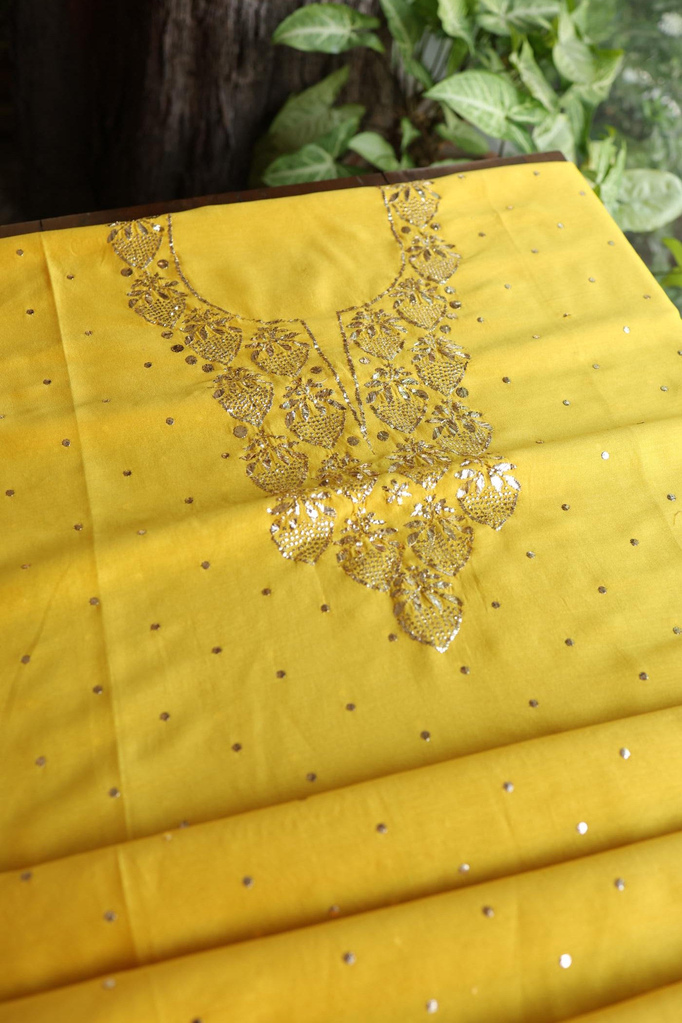 Gold Yellow Chanderi Silk Mukaish Badla Unstitched Fabric